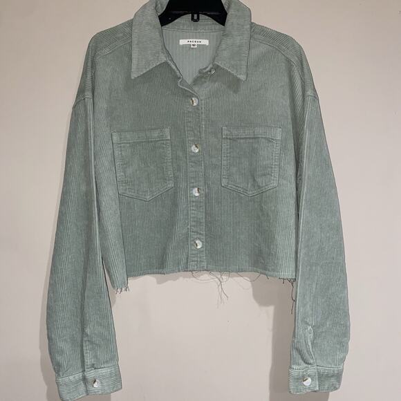 PacSun Greens Cropped Corduroy Jacket Trucker Style 100% Cotton Raw Hem Sz M/L - Picture 1 of 7